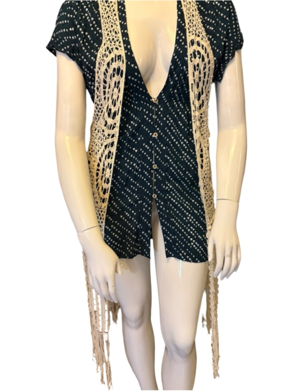 Boho Crochet Fringe Longline Vest, O/S, Festival Cover-up Duster - Picture 2 of 13